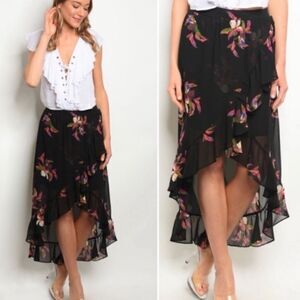 A New Day High Low Maxi Skirt- black ruffled skirt with colored flower size S